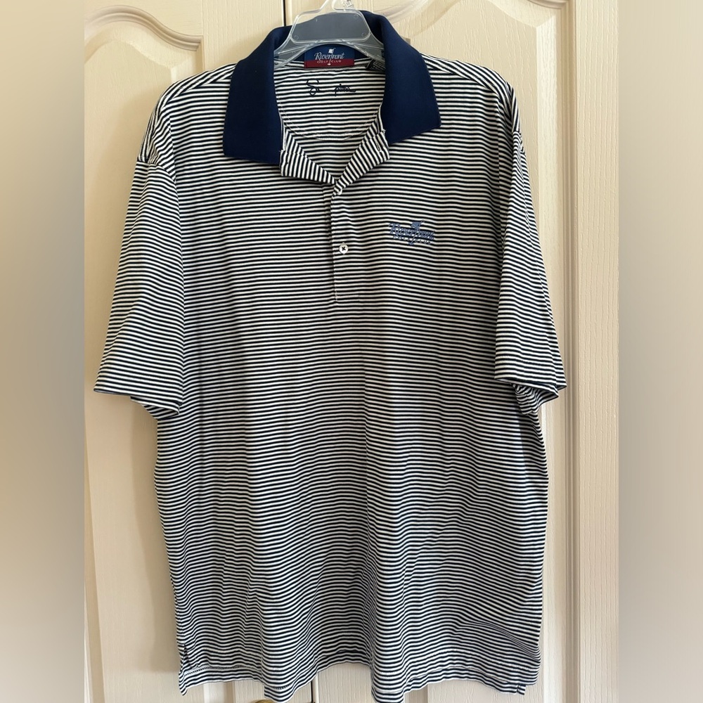 Riverfront Golf Club Navy And White Stripes Polo Shirt XL 100% Supima Cotton Men